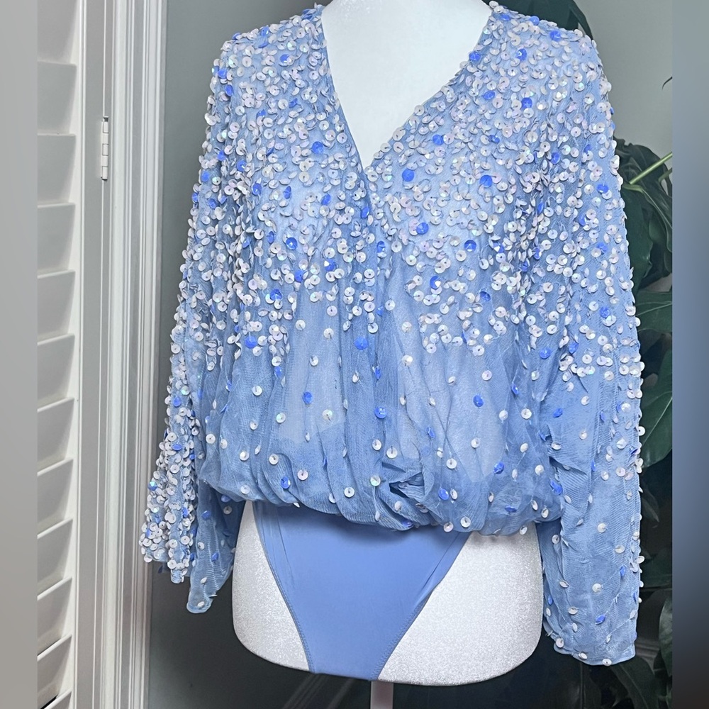ASOS Angel Sleeve Sequin Wrap Bodysuit 4 Ice Blue Silver NWOT Mermaid Fairycore